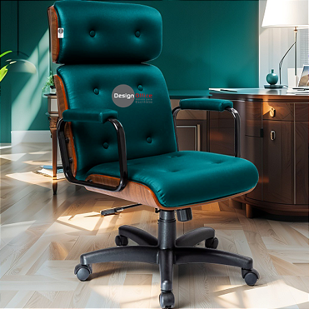 Cadeira Design Office Eames Signature Presidente Black com Rodinhas - Anti Risco - Capa em Madeira - Verde