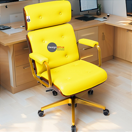 Cadeira Design Office Eames Signature Presidente Dourada com Rodinhas - Anti Risco - Capa em Madeira - Amarelo