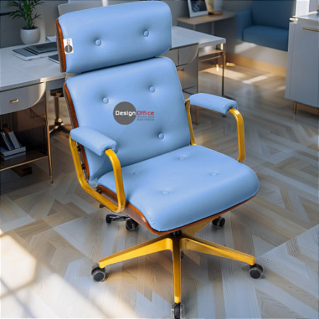 Cadeira Design Office Eames Signature Presidente Dourada com Rodinhas - Anti Risco - Capa em Madeira - Azul Bebê