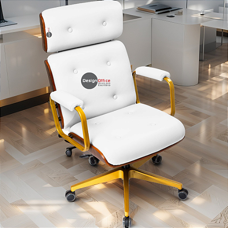 Cadeira Design Office Eames Signature Presidente Dourada com Rodinhas - Anti Risco - Capa em Madeira - Branco