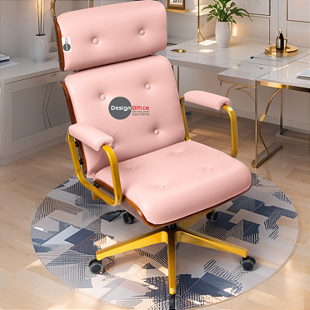 Cadeira Design Office Eames Signature Presidente Dourada com Rodinhas - Anti Risco - Capa em Madeira - Rosa Claro