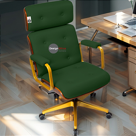 Cadeira Design Office Eames Signature Presidente Dourada com Rodinhas - Anti Risco - Capa em Madeira - Verde Escuro