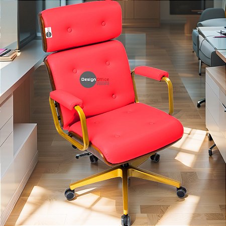 Cadeira Design Office Eames Signature Presidente Dourada com Rodinhas - Anti Risco - Capa em Madeira - Rosa Pink