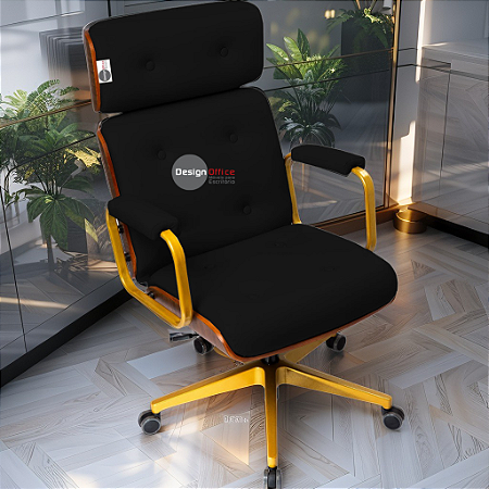 Cadeira Design Office Eames Signature Presidente Dourada com Rodinhas - Anti Risco - Capa em Madeira - Preto