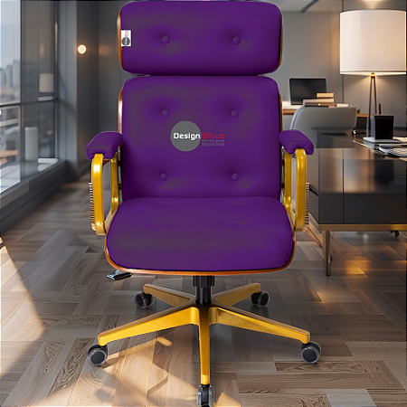 Cadeira Design Office Eames Signature Presidente Dourada com Rodinhas - Anti Risco - Capa em Madeira - Roxo