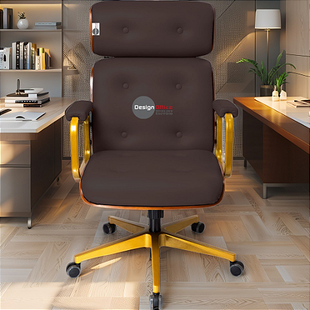Cadeira Design Office Eames Signature Presidente Dourada com Rodinhas - Anti Risco - Capa em Madeira - Vermelho Vinho