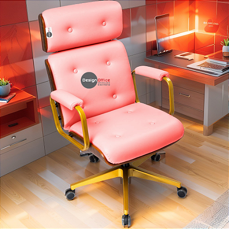 Cadeira Design Office Eames Signature Presidente Dourada com Rodinhas - Anti Risco - Capa em Madeira - Vermelho Telha