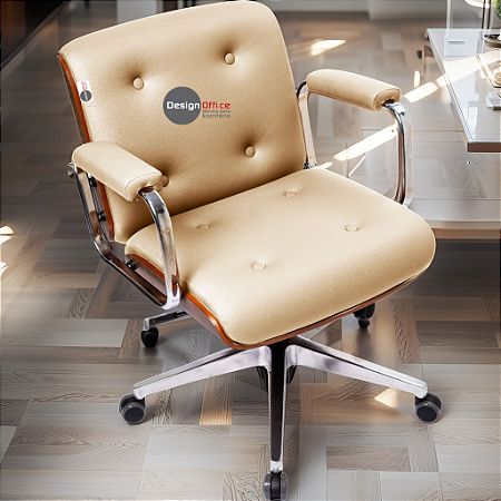 Cadeira Design Office Eames Signature Diretor Cromada com Rodinhas Anti Risco - Capa em Madeira - Bege