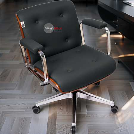 Cadeira Design Office Eames Signature Diretor Cromada com Rodinhas Anti Risco - Capa em Madeira - Marrom Café