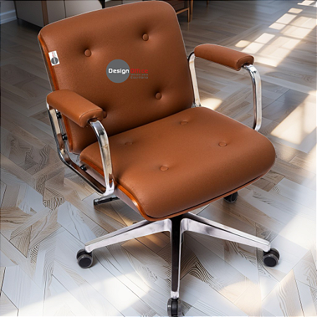 Cadeira Design Office Eames Signature Diretor Cromada com Rodinhas Anti Risco - Capa em Madeira - Caramelo