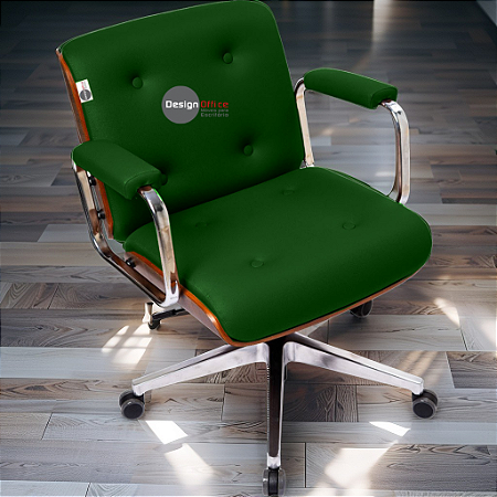 Cadeira Design Office Eames Signature Diretor Cromada com Rodinhas Anti Risco - Capa em Madeira - Verde Escuro