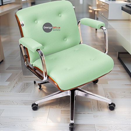 Cadeira Design Office Eames Signature Diretor Cromada com Rodinhas Anti Risco - Capa em Madeira - Verde Limão