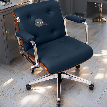 Cadeira Design Office Eames Signature Diretor Cromada com Rodinhas Anti Risco - Capa em Madeira - Azul Marinho