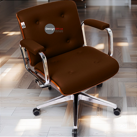 Cadeira Design Office Eames Signature Diretor Cromada com Rodinhas Anti Risco - Capa em Madeira - Marrom