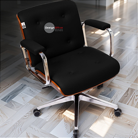 Cadeira Design Office Eames Signature Diretor Cromada com Rodinhas Anti Risco - Capa em Madeira - Preto