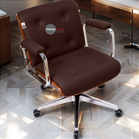 Cadeira Design Office Eames Signature Diretor Cromada com Rodinhas Anti Risco - Capa em Madeira - Vermelho Vinho