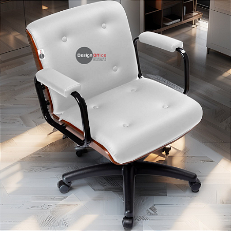 Cadeira Design Office Eames Signature Diretor Black com Rodinhas Anti Risco - Capa em Madeira - Branco