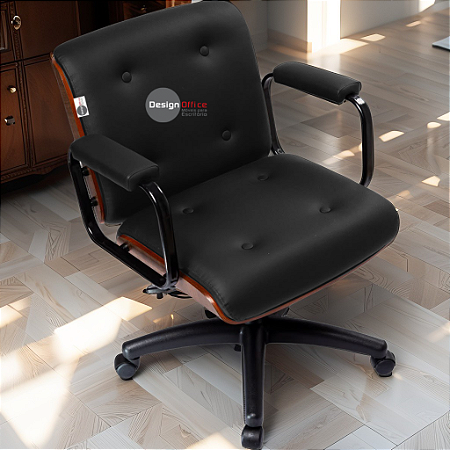 Cadeira Design Office Eames Signature Diretor Black com Rodinhas Anti Risco - Capa em Madeira - Marrom Café