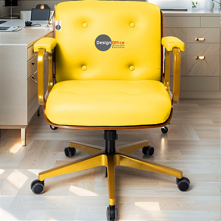 Cadeira Design Office Eames Signature Diretor Dourada com Rodinhas Anti Risco - Capa em Madeira - Amarelo