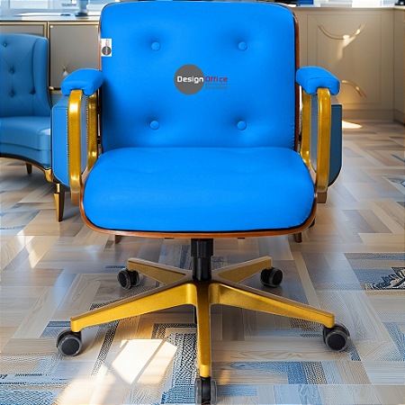 Cadeira Design Office Eames Signature Diretor Dourada com Rodinhas Anti Risco - Capa em Madeira - Azul Bebê