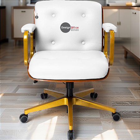 Cadeira Design Office Eames Signature Diretor Dourada com Rodinhas Anti Risco - Capa em Madeira - Branco