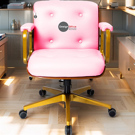 Cadeira Design Office Eames Signature Diretor Dourada com Rodinhas Anti Risco - Capa em Madeira - Rosa Claro