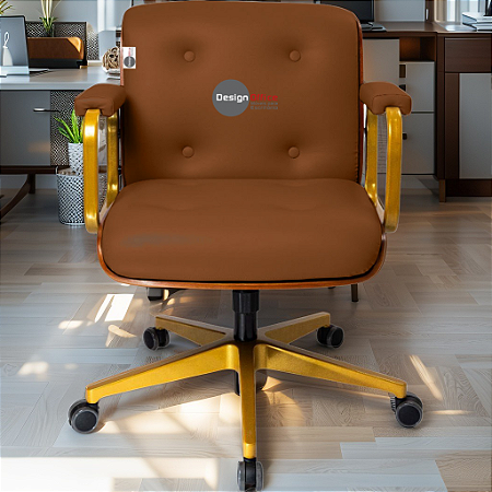 Cadeira Design Office Eames Signature Diretor Dourada com Rodinhas Anti Risco - Capa em Madeira - Caramelo