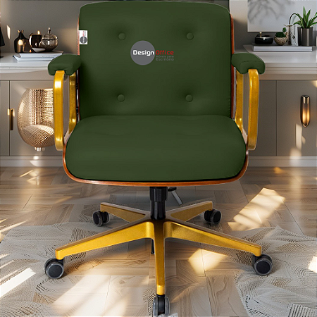 Cadeira Design Office Eames Signature Diretor Dourada com Rodinhas Anti Risco - Capa em Madeira - Verde Escuro