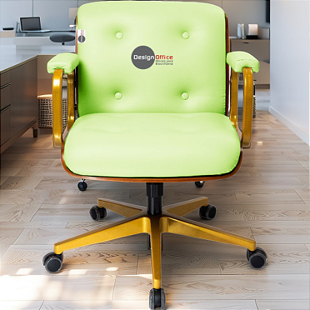 DUPLICADO - Cadeira Design Office Eames Signature Diretor Dourada com Rodinhas Anti Risco - Capa em Madeira - Verde Escuro