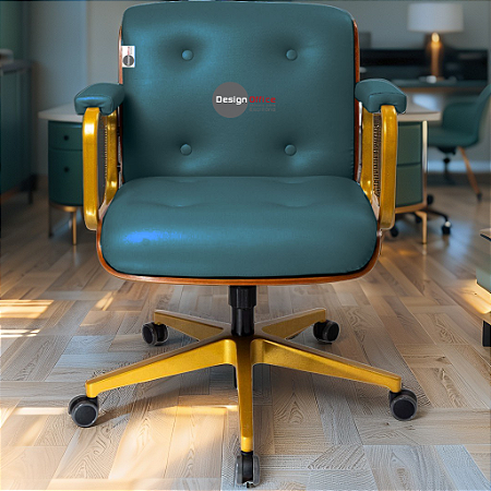 Cadeira Design Office Eames Signature Diretor Dourada com Rodinhas Anti Risco - Capa em Madeira - Verde