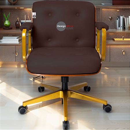 Cadeira Design Office Eames Signature Diretor Dourada com Rodinhas Anti Risco - Capa em Madeira - Vermelho Vinho
