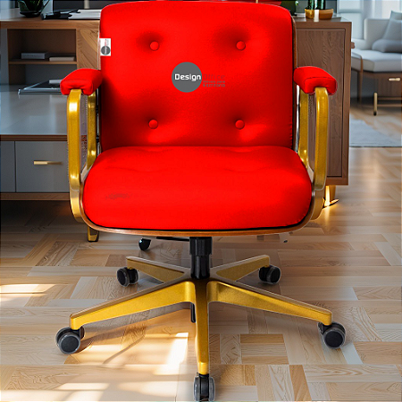 Cadeira Design Office Eames Signature Diretor Dourada com Rodinhas Anti Risco - Capa em Madeira - Vermelho