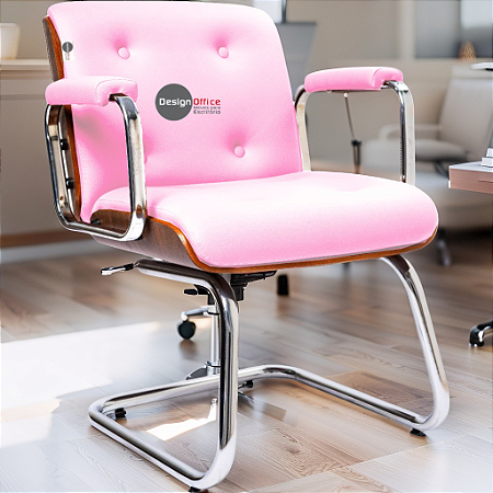 Cadeira Design Office Eames Signature Interlocutor Cromada- Capa em Madeira - Rosa Claro