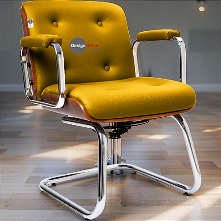 Cadeira Design Office Eames Signature Interlocutor Cromada- Capa em Madeira - Amarelo Mostarda