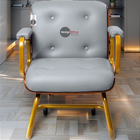 Cadeira Design Office Eames Signature Interlocutor Dourada - Capa em Madeira - Cinza Claro