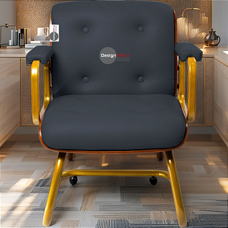 Cadeira Design Office Eames Signature Interlocutor Dourada - Capa em Madeira - Azul Marinho