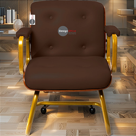 Cadeira Design Office Eames Signature Interlocutor Dourada - Capa em Madeira - Marrom