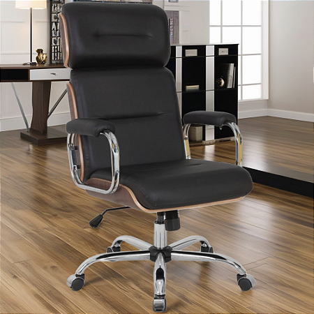 Cadeira Original Eames Presidente com Rodinhas Cromadas e  Anti Risco Linha Capa em Madeira Preto Cromada