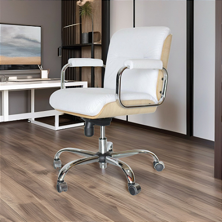 Cadeira Original Eames Diretor com Rodinhas Cromadas e Anti Risco Linha Capa em Madeira Branco