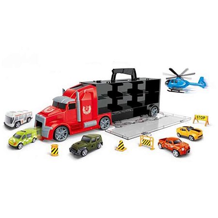 CAMINHÃO TRANSPORTADOR DE BRINQUEDO EM PLÁSTICO – COM 5 CARRINHOS E 1 HELICÓPTERO SHINY TOYS