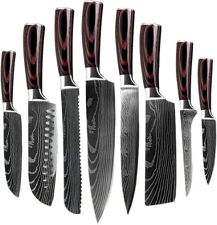 Faca Profissional Kit de 8 Peças Padrão Damasco Chef de Cozinha e Pai Churrasco