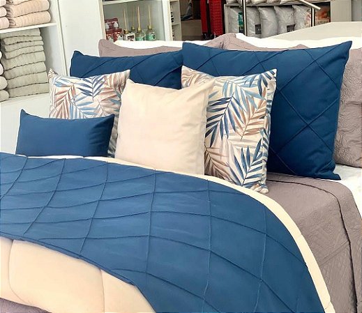 Kit Peseira Suede Luxo Deminas + 2 Porta Travesseiro - Azul