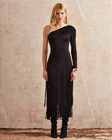 Saia Midi Suede Franjas
