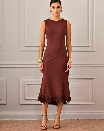 Vestido Midi Renda Guipire Barra