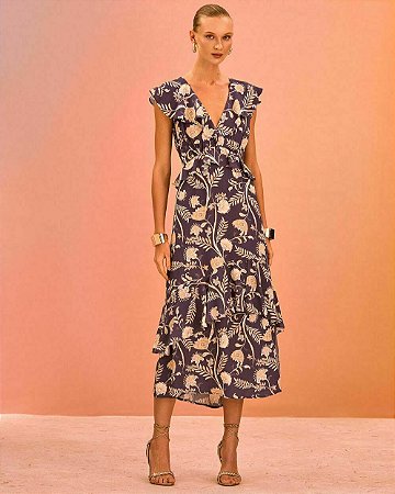 Vestido Midi Crepe Babados Floral