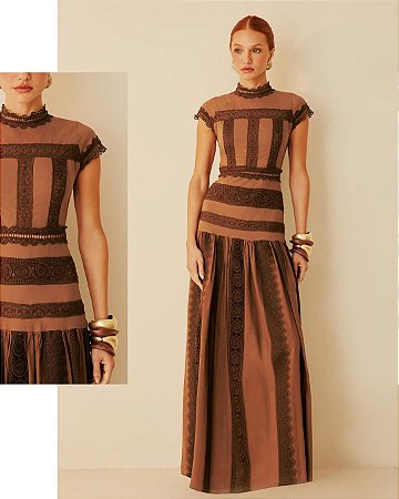 Vestido Kyle Voil com Renda Manga Marrom