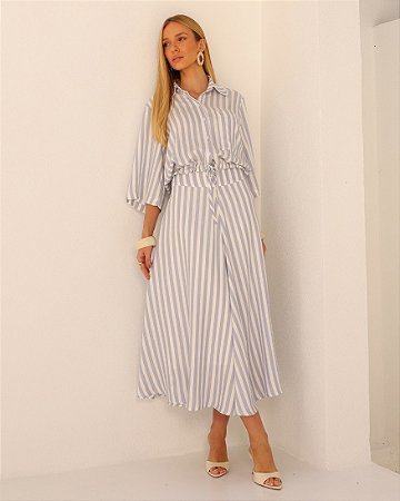 Conjunto Camisa e Saia Evasê Midi Listrada