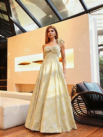 Vestido Bordado com Alça Babados