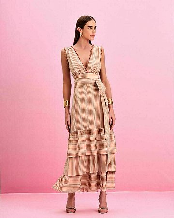 Vestido Longo Listrado com Pompons