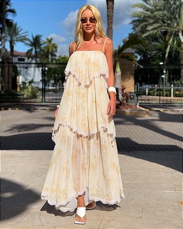 Vestido Chiffon com Renda Estampa Butter Yellow